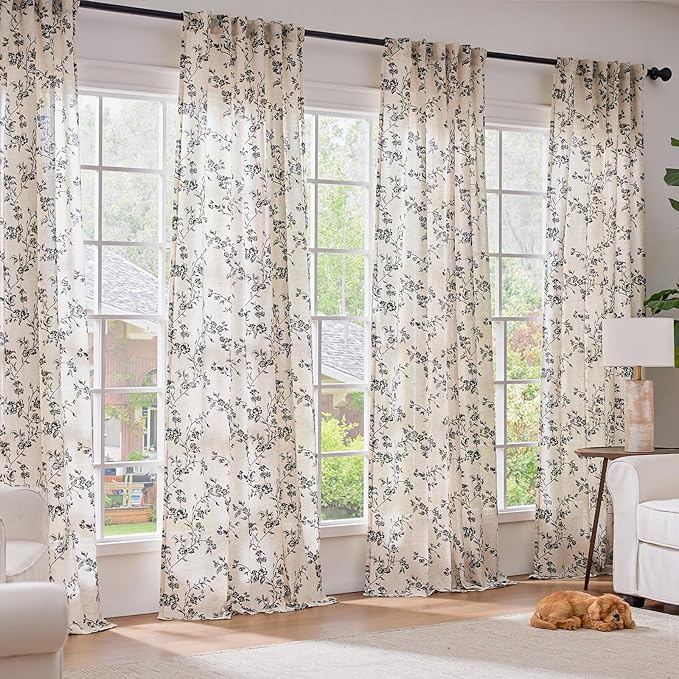 Black Vintage Floral Linen Curtains Farmhouse 50W X 96L 2 Panels | Elisa Series - Image 3