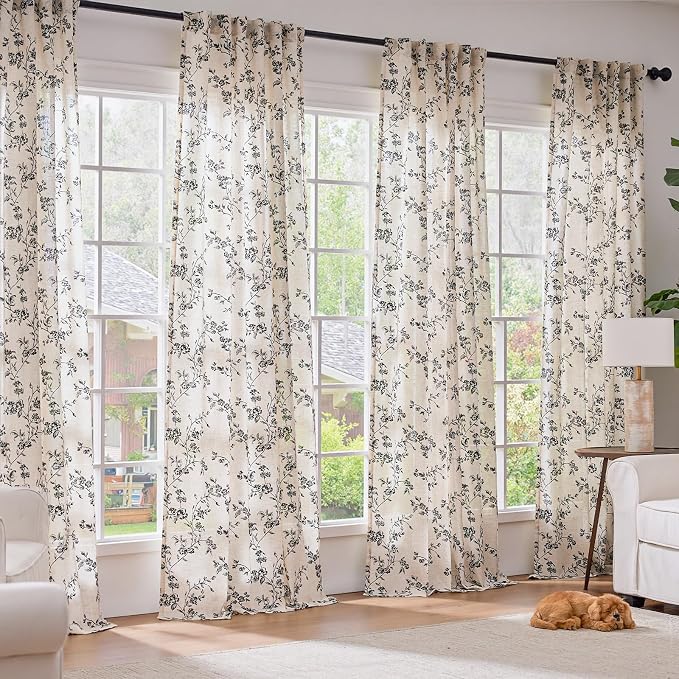 Extra Long Black Vintage Floral Linen Curtains Farmhouse 2 Panels | Elisa Series - Image 3