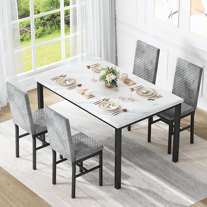 Recaceik Dining Table Set for 4, Modern 5 Piece Dining Table Set Faux Marble - Image 2