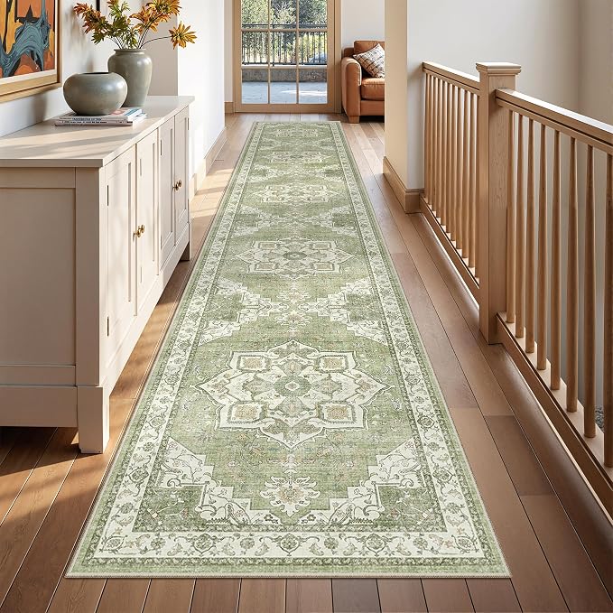 Hallway Runner Rug 2x12 Extra Long Washable Runner, Light Green | Vintage Rug - Image 3
