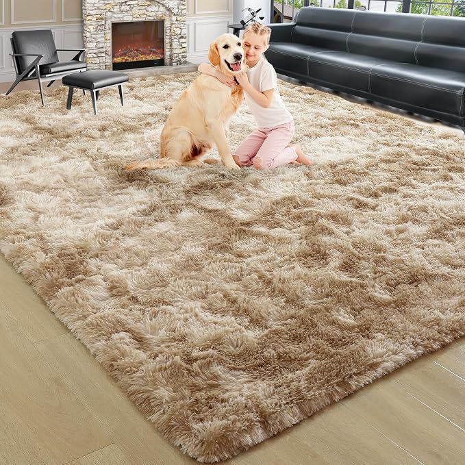 8x10 Extra Large Tie-Dyed Beige Fluffy Area Rug Non-Slip - Image 9