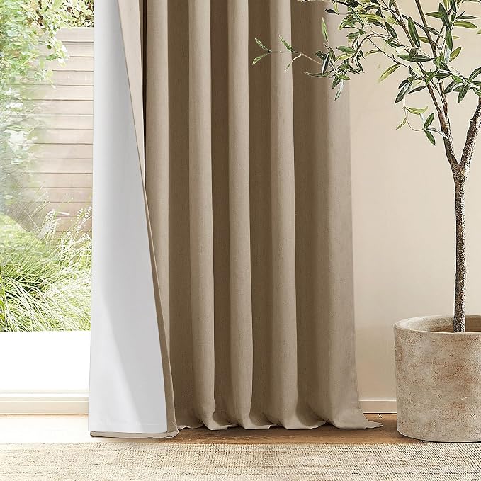 Light Brown Pinch Pleated 100% Blackout Linen Bedroom 96 Inch Curtains | Double - Image 9