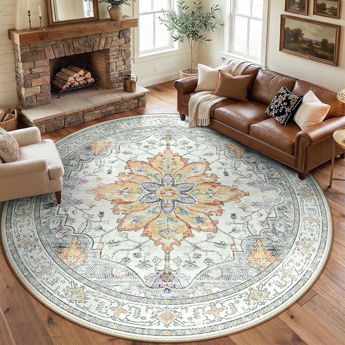 RELEANY Washable Area Rug, Round 8ft, Water Repellent, Pet Friendly, Vintage by RELEANY