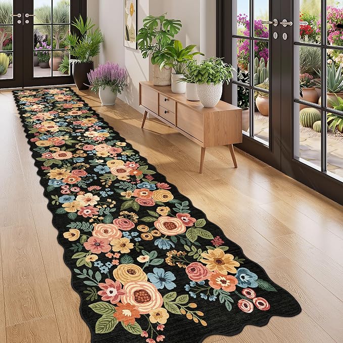 DUKINO 2.6x12 Washable Runner Rug, Floral Non Slip Long Kitchen Rug, Stain by DUKINO