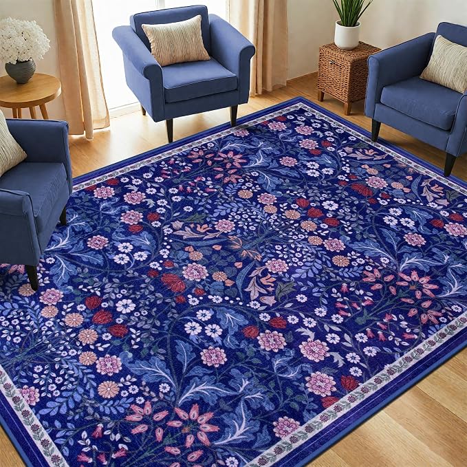 PLHXFR Area Rug Living Room: 5x7 Floral Washable Boho Soft Carpet Blue | - Image 2