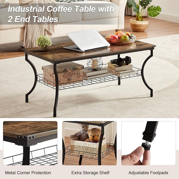 VECELO 3 Pieces Living Room Table Sets, Coffee and End Tables - Image 3