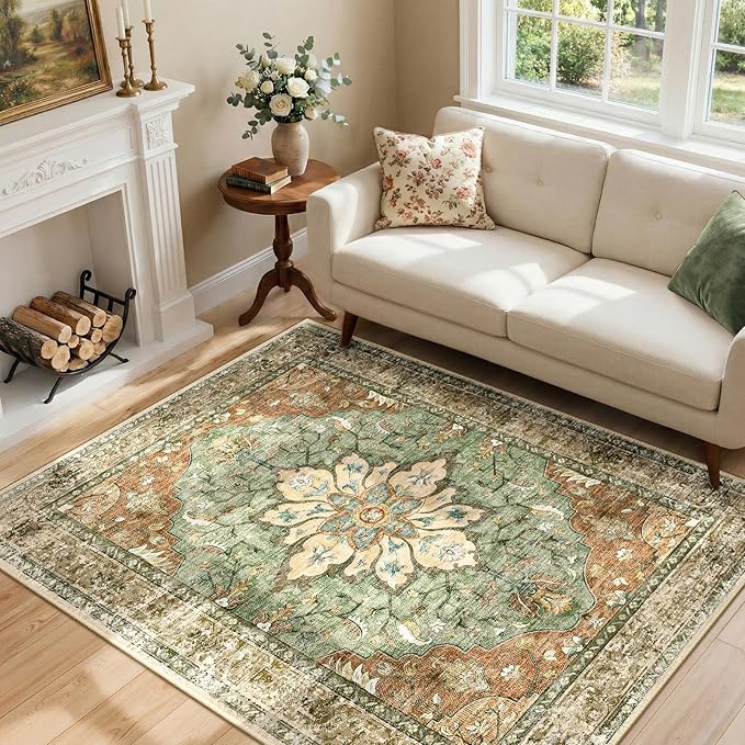 RELEANY Washable Area Rug, Brick/Brown/Green | Non-Slip, Water Repellent - Image 2