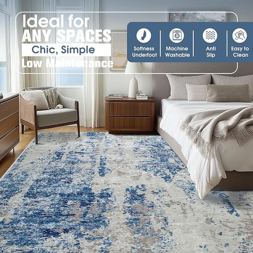 10x14 Area Rugs for Living Room Washable Dining Room Blue Grey White | Modern - Image 2