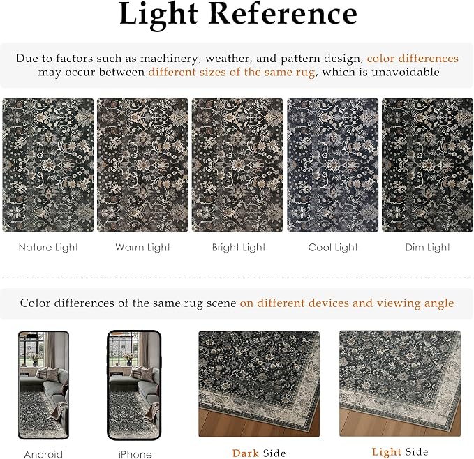 6x9 Black Beige Vintage Floral Washable Area Rug - Image 9