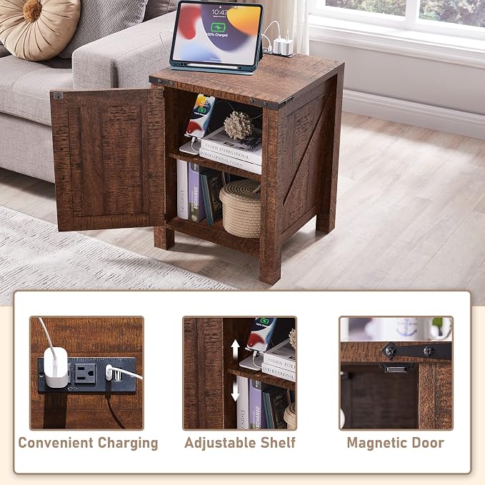 OKD Nightstand w/Charging Station, 18 Inch Farmhouse End Table w/Barn Door and - Image 3