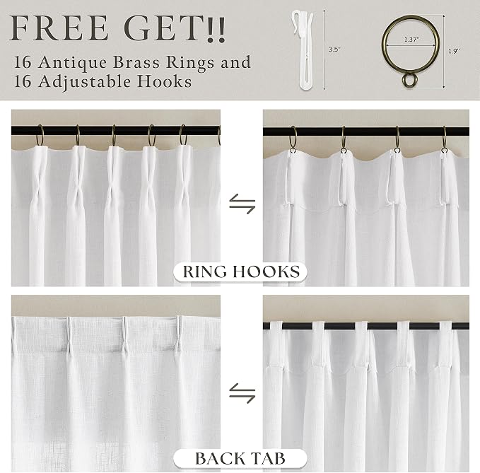 Pinch Pleated White Memory Shaped Semi Sheer Linen Curtains 102 Inches Long | - Image 5