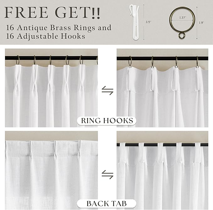 92 Inches White Linen Pinch Pleated Semi Sheer Boho Curtains 50 Inch Wide | - Image 4