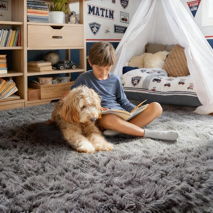 Grey Area Rugs for Living Room, Plush Fluffy Bedroom Rugs for Dorm Room 5x8 | - Image 4