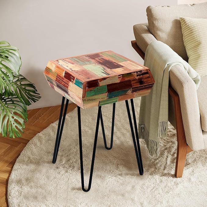 Multicolor Square Wood Drum Side Table 14" x 14" x 20" H Reclaimed Wooden by Warmaxx-warmhomesweetdream