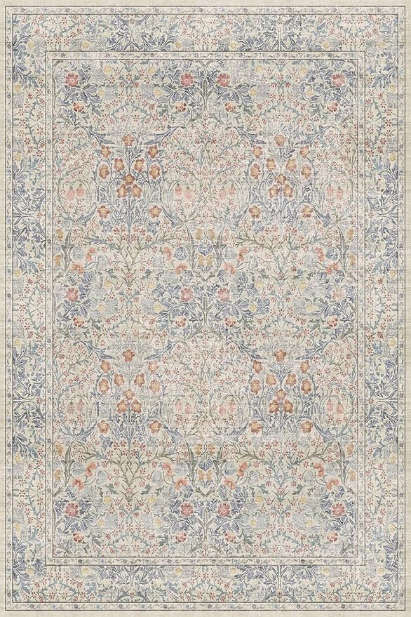Vintage Washable Beige Blue Area Rugs - Image 2