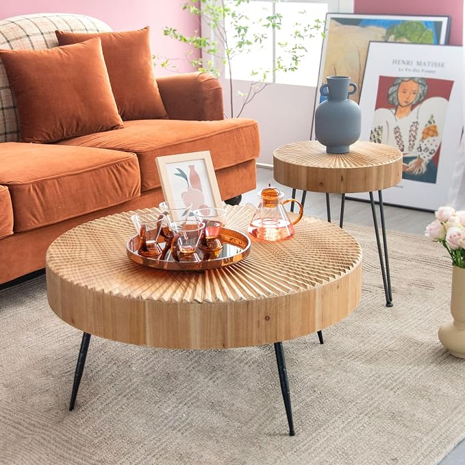 COZAYH 2-Piece Round Nesting Coffee Table Set, Natural Wood Top - Image 2