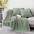 Homiest Cable Knit Throw Blanket and Pillow Set, Sage Green Set of 3, Knitted by Homiest