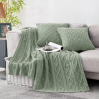 Homiest Cable Knit Throw Blanket and Pillow Set, Sage Green Set of 3, Knitted by Homiest