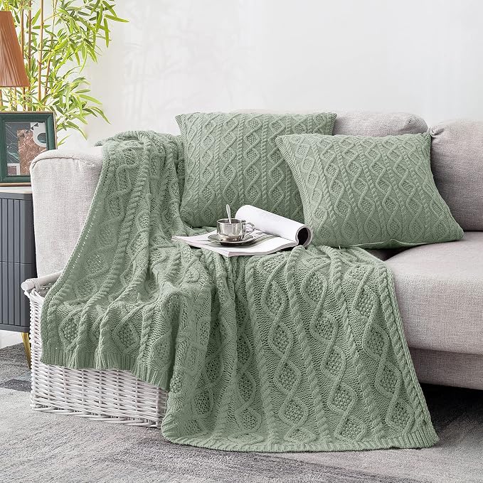 Homiest Cable Knit Throw Blanket and Pillow Set, Sage Green Set of 3, Knitted by Homiest