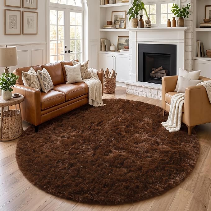 Amdrebio Chocolate Brown Shaggy Round Area Rug 5Ft - Image 3