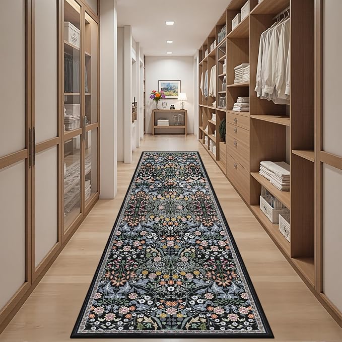 PLHXFR 3x10 Washable Runner Rug：Floral Indoor Kitchen Carpet Dark Black | - Image 5