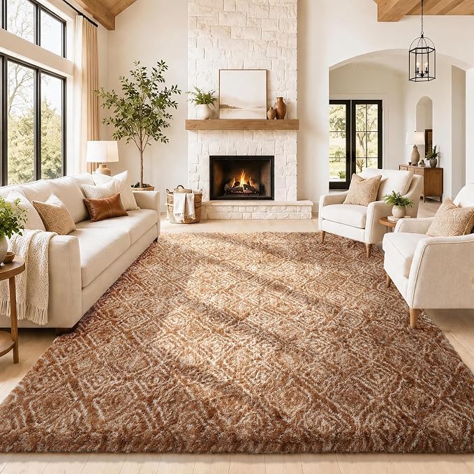 Ophanie 8x10 Brown and White Diamond Striped Rugs by Ophanie
