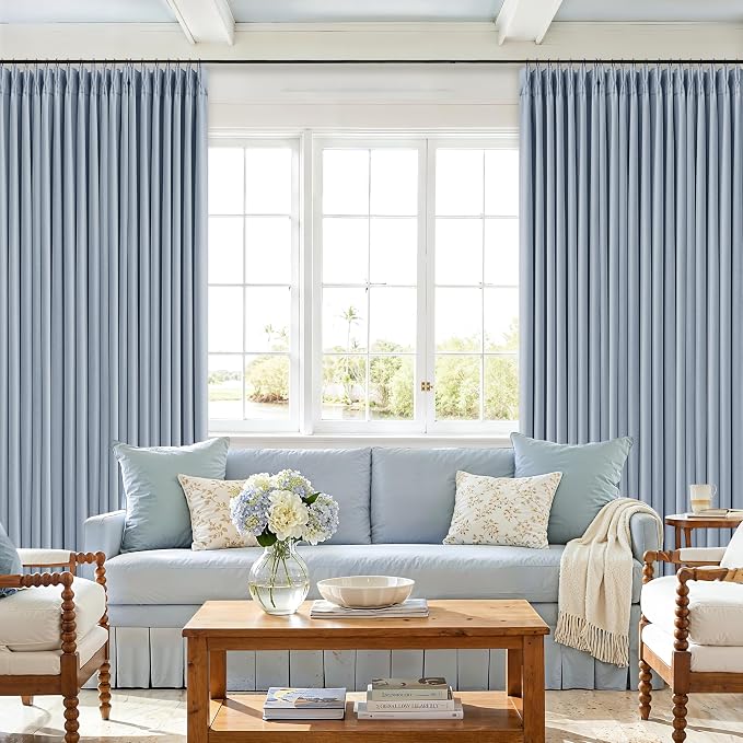 Light Blue Pinch Pleated Dual Layer Blackout Linen Curtains 102 Inches Long | - Image 8