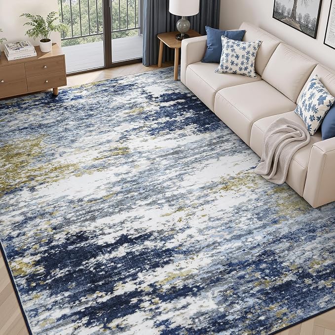 5x7 Area Rug for Living Room, Abstract Washable Non-Slip Rugs, Dark Blue | by Lofus