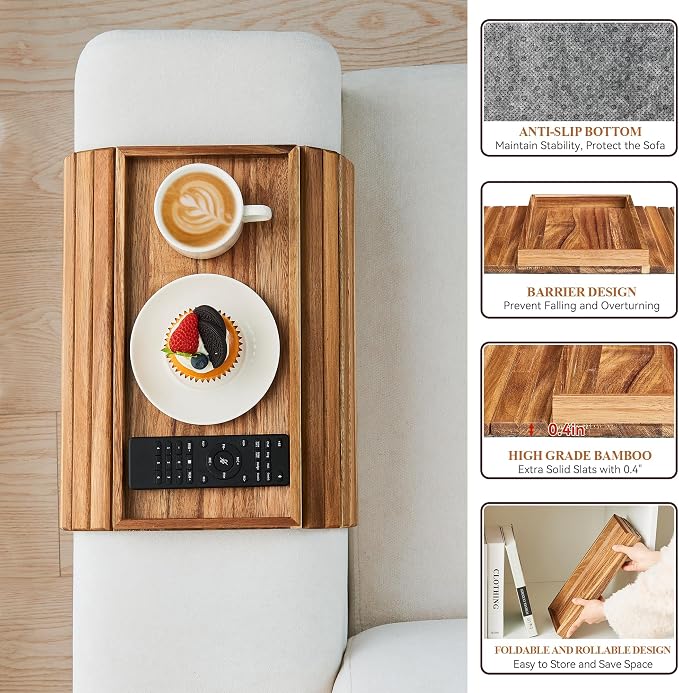 GEHE Acacia Wood Sofa Arm Tray, Foldable Couch Arm Tray Side Table, - Image 7