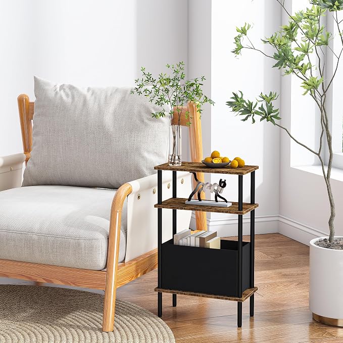 Narrow Side Table with Fabric Basket, Slim Nightstand with 3-Tier Storage Shelf - Image 6