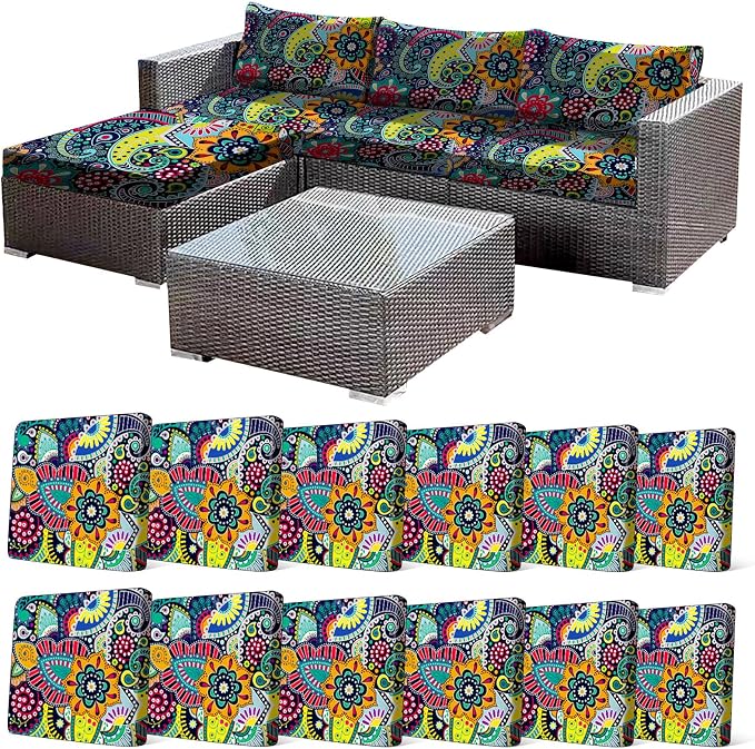 CALBODE 12Pcs Stretch Patio Cushion Cover, Boho Floral Couch & Sofa Slipcovers by CALBODE