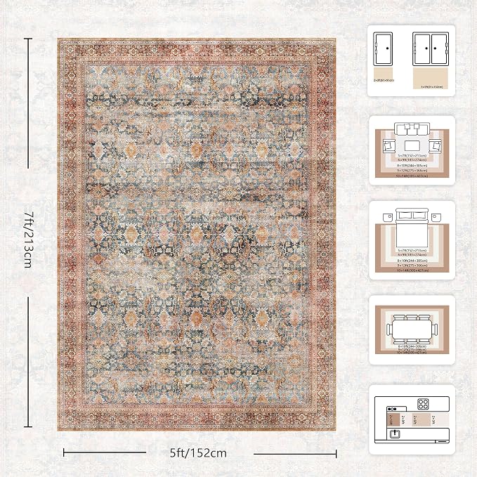 5x7 Area Rugs - Washable Vintage Retro Living Room Rug, Soft Ultra Thin Non - Image 2