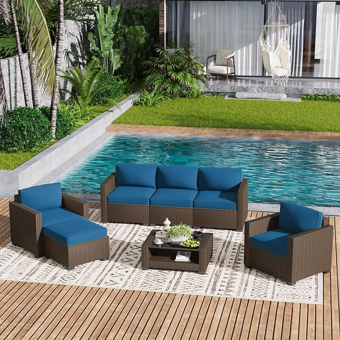 LOUVIXA 7 Piece Outdoor Patio Furniture Set, Rattan Chairs Glass Table Wicker - Image 8