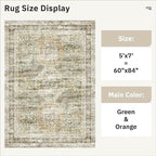 Soalmost 5x7 Area Rug Green/Orange Low Pile Washable Trendy Faded Style Rug | - Image 5
