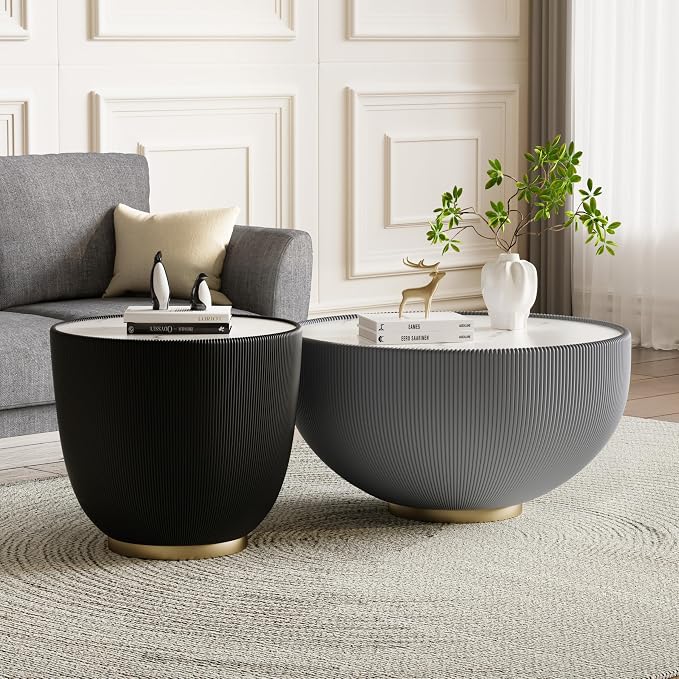 Round Marble Coffee Table Set of 2, 2 Piece White Coffee Table and End Table by Henf
