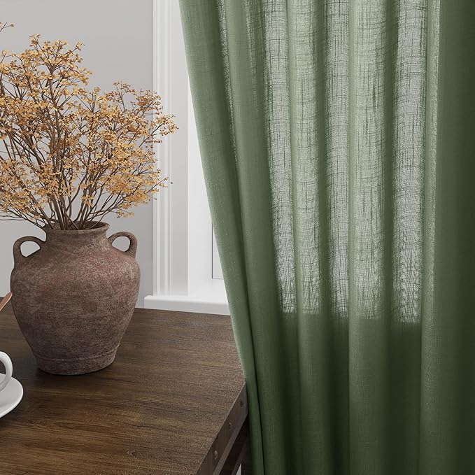 Olive Green Linen Sheer Curtains - Image 2