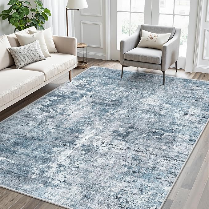 Soalmost Abstract Area Rug 6x9 for Living Room Washable Rugs Blue/Grey | - Image 2