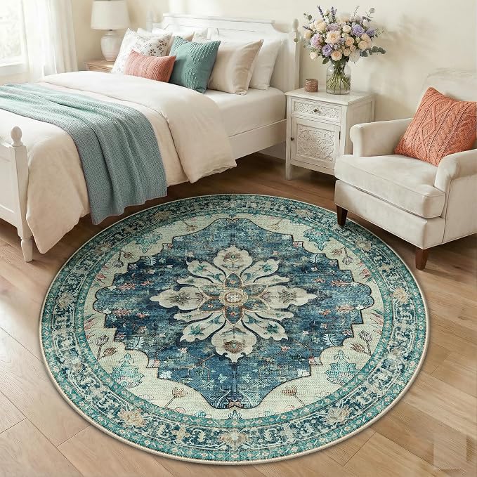 RELEANY Washable Area Rug, Round 5ft, Water Repellent, Pet Friendly, Vintage - Image 2