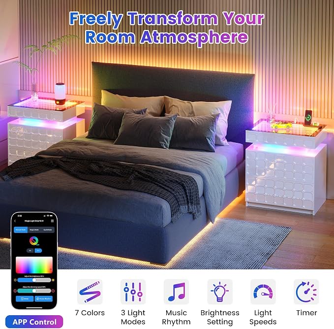 Night Stand with Charging Station and Smart RGB Lights, LED Nightstand with - Image 5