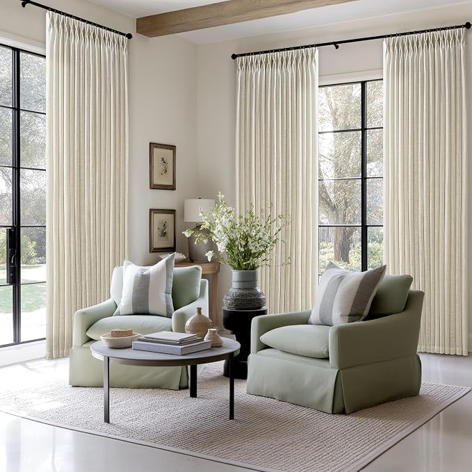 120 Inch Long Pinch Pleat Flax Linen Beige Farmhouse Curtains 50 Inch Wide | - Image 8