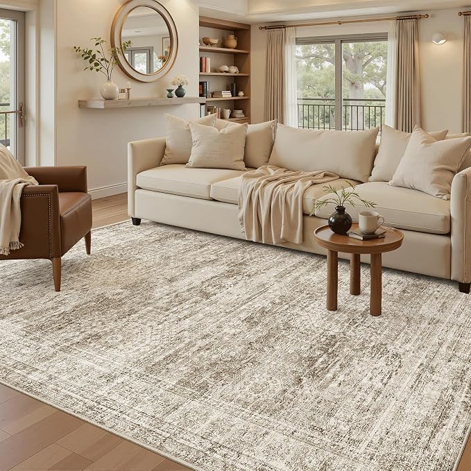 Soalmost 5x8 Area Rugs Brown Low Pile Washable Trendy Faded Style Rug | Vintage - Image 2