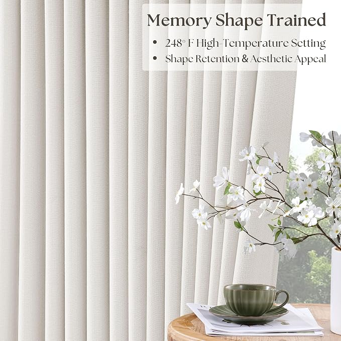 Ivory White Pleated Blackout Curtains 126 Inches Long 2 Panels | Memory Shape - Image 3