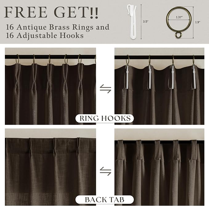 Dark Brown Linen Pleated Memory Shape Light Filtering Curtains 86 Inch Long | - Image 3