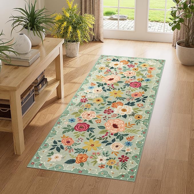 DUKINO 2x5 Runner Rug, Floral Washable Rug by DUKINO