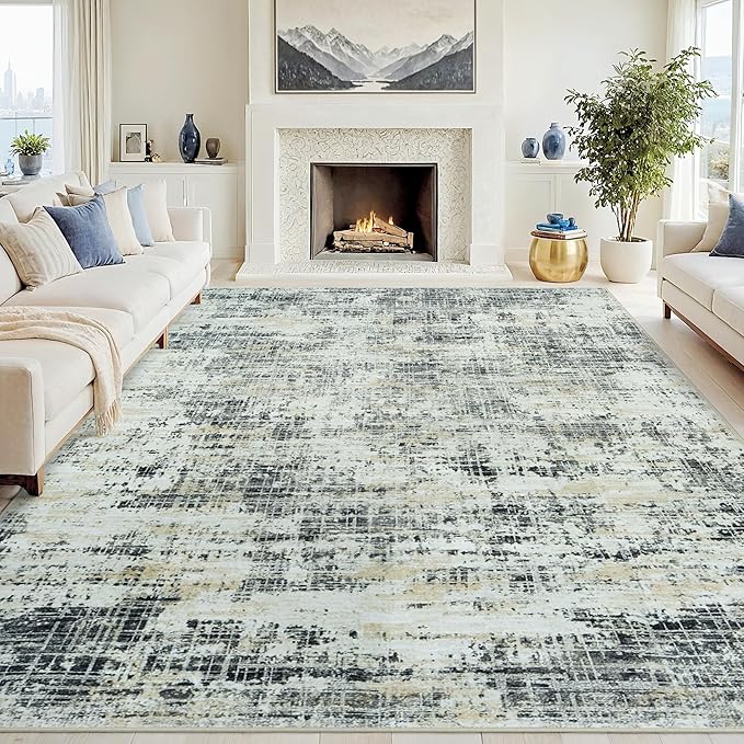 9x12 Washable Area Rug for Living Room Bedroom: Non-Slip Modern Black Gray | by Oriannal