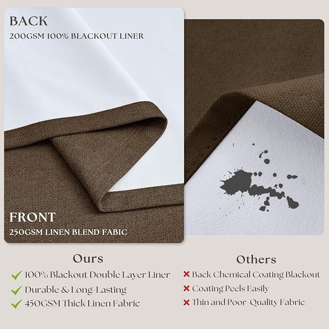 120 Inch Pinch Pleat Brown 100% Blackout Thick Linen Curtains - Image 6