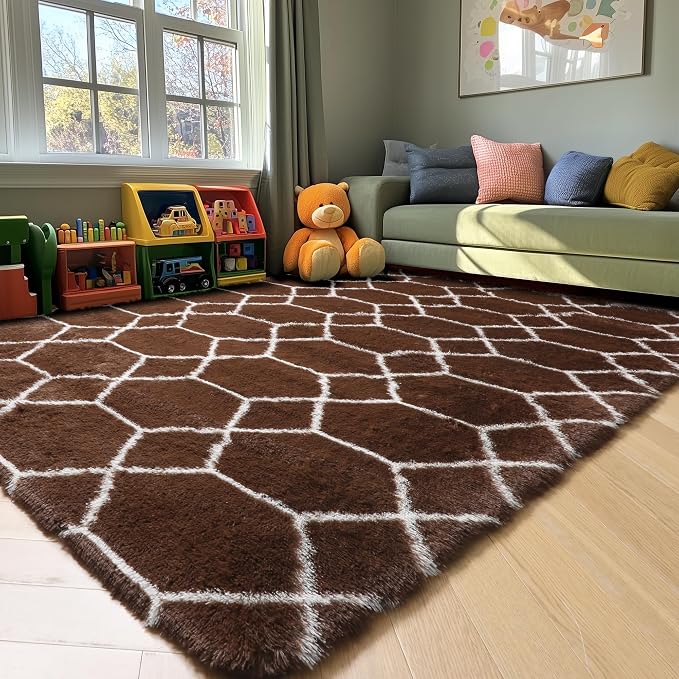 5x7 Area Rugs for Living Room Bedroom, Fluffy Brown and White Geometric Rug | - Image 7