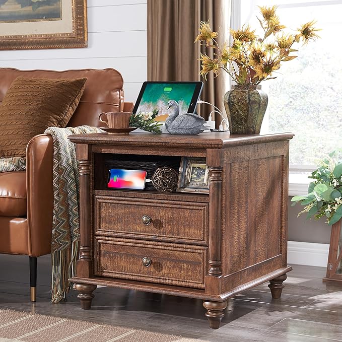 T4TREAM 24'' Farmhouse End Table w/4 Solid Wood Feet, Large 2 Drawers Wide Sofa by T4TREAMFurniture