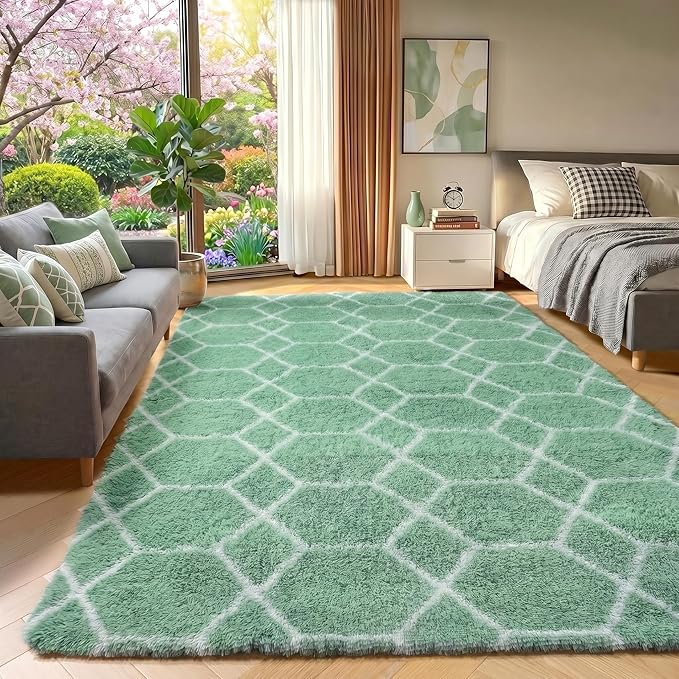 Area Rugs for Bedroom Living Room, 4x6 Fluffy Sage Green and White Rug | Modern by ONASAR