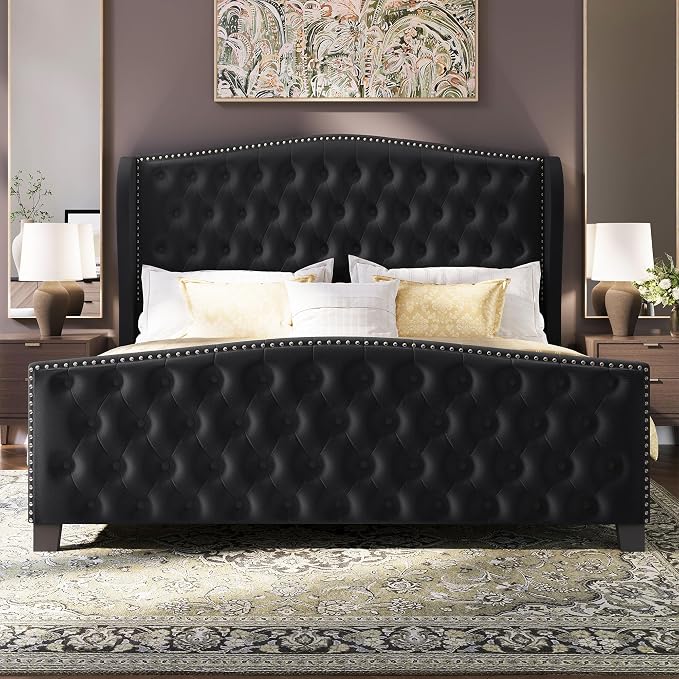 BRELTAM Upholstered King Size Bed Frame Velvet Black Tufted Platform Bed Frame - Image 9